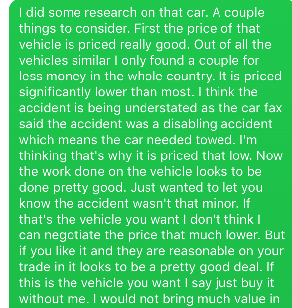 how to negotiate a car deal, text message from client
