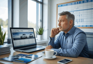 man sitting at car sales desk looking at car website