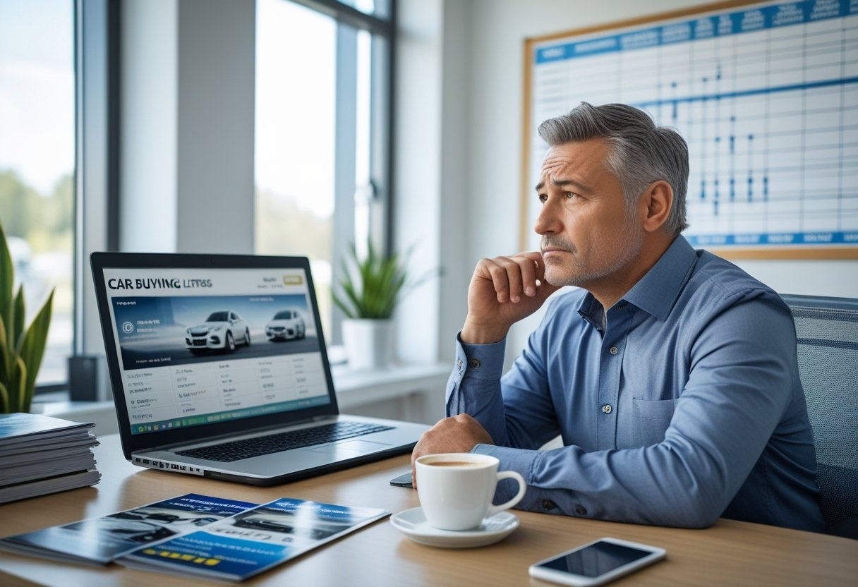 man sitting at car sales desk looking at car website